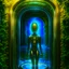 Placeholder: portrait of transparent chat robot in the style of lovecraft , in front of teleporter portal to the sea in an underground grove, in the style of dali, 8k, down-light, soft light, depth of field, photo realism, trending on art station, high detail