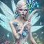 Placeholder: Fantasy cute fairy with wings, smiling, make up, long blond platinum hair, blue eyes, crown, beautiful dress, flowers in background, HQ