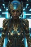 Placeholder: woman wearing a cyberpunk style shiny and slimy gold helmet with robotic features, the reflection on her face is made of glowing blue wires with intricate details, hyper realistic photography in the style of editorial pose, photorealistic, 8k, high render --v 6. 0 --ar 9:16