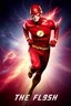 Placeholder: 1/4 side view, looking at the viewer, Movie Poster - "THE FLASH" - An athletically built muscular, 7'8" tall man, ((skintight, formfitting, long-sleeved, red spandex bodysuit:1.5)), ((gold knee-high boots:1.5)), ((gold wrist gauntlets, red fingerless gloves, gold, double holstered utility belt:1.5)), ((skintight, formfitting, red spandex helmet with red eye disguise,:1.5)), Glowing eyes, Running in the speedforce with multicolored lightning emanating from his body