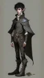 Placeholder: boy elf,he has curly, black hair and sharp cheekbones. His eyes are black. He wears fantasy medieval clothes. he is lean and tall, with pale skin, full body with boots, full body back view