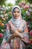 Placeholder: Indonesian woman in hijab with opals and floral clothing in flower garden DSLR RAW" to search for similar images on stock photo websites or contact a photographer for a custom shoot.