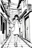 Placeholder: young girl walk thought Japanese alleys, line arts, manga style