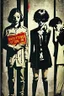 Placeholder: Design a detective book cover for teenagers. A teenage punk girl-detective in the centre, one boy on her left, and one on her right are on the town street. Black cat. Banksy style, pop art style, mysterious atmosphere,