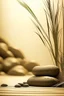 Placeholder: gentle shining background, spa stones and bamboo stem, sand in the background, silhouette of a girl with praying hands on the stones, photorealistic photo