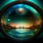 Placeholder: circular picture frame, scene of galaxy and waves, bottom half underwater, top half out of water, showing the sky and city skyline with a large bridge, planets, the great unknown, bridge
