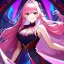 Placeholder: Clear focus, 8k, high quality, detailed, beautiful lighting, vibrant colors, pink long hair, vibrant red eyes, girl, smile, qreen outfit,