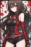 Placeholder: a full-body shot of a woman with long brown hair, red eyes, with a confident, 'bad girl' vibe, wearing black and red leather, ((Chibi anime style)), intricately detailed, splash art background