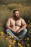 Placeholder: full figure photography, shy muscular big fat chubby, 35mm lens, burly italian man short hair, 27 years old sitting in the meadow with a flower in a hand, near a big farm , red short beard, , hairy armpits, manly armpits, ugly, manly chest, hairy chest, big shoulders, , huge belly, manly chest, shirtless, with boxer, emotive eyes looking at camera, photorealistic , dim side light, ambient occlusion, side view, poetic composition, golden ratio