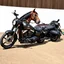 Placeholder: a new harley davidson pan america 1250 motorcycle, next to a new Indian Springfield Dark Horse bagger motorcycle. next to a horse who's facing away and tied by the reins to a wood railing. white background. dirt ground.