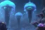 Placeholder: bioluminescent cyberpunk jellyfish, deep sea diver, extreme light, distant cyberpunk atlantis, organic, bio domes, coral, deep ocean, robotic, mariana trench midnight zone, bubbles, hyper realistic, hyper detailed, digital art, trending in artstation, studio quality, photorealistic, photo, by jesper ejsing, wlop, paul lehr