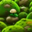 Placeholder: microphotography mushroom growing in a mossy dense lush green woods, high definition, detail, HD, 8k, realistic, 3d rendering, blender, photography, fisheye, bulge, tilt shift blur
