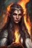 Placeholder: Female eladrin druid. Makes fire with her hands. Fire abilities. Long hair with fire texture. Eyes with fire reflection. A scar over left eye.