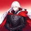 Placeholder: Vampire knight, young man, long white hair, black full plate armor, red cape