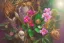 Placeholder: Tropical flowers, realistic heart drawing, crystals, tropical leaves, sacred altar, Fantasy home, cute animal.