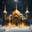 Placeholder: Hyper Realistic Big golden Crystals on snow outside a Dark Abandoned Mosque with beautifully crafted Marinates at dark heavy snowfall night