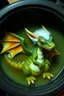 Placeholder: The image depicts a fantastical gremlin duck soup, specifically a dragon, with a unique and whimsical appearance. The dragon is positioned in a circular frame, which suggests it might be inside a container or a vessel. The dragon's body is elongated and has a segmented appearance, with a detailed texture that gives it a realistic look. Its head is covered with white, spiky hair, adding to its fantastical charm. The dragon's wings are large and spread out, with orange and white hues.