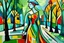 Placeholder: painting in style of picasso woman walks in park abstract