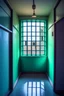 Placeholder: A prison cell with a glass window, the main color is gray, the cell should look minimalistic and boring