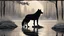 Placeholder: Create a mesmerizing nocturnal tableau featuring a sleek black wolf poised at a tranquil pond nestled within an enchanted forest. The wolf, exuding an aura of regal grace, delicately sips from the crystalline waters under the gentle caress of moonlight, its silhouette a captivating dance against the darkened backdrop. The pond's mirror-like surface mirrors the celestial tapestry above, infusing the scene with an ethereal luminescence. The forest, cloaked in shadow, serves as a mystical embrace,