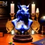 Placeholder: rhino, bust of luna aurora divine, ancient, magic,on dark wooden table with drinking glass,compass,brilliance, candle