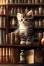 Placeholder: cute kitten on bookshelf in an apothecary. HD. High quality