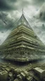 Placeholder: Synthography Art in Bocsh painting style generated Of a high rise The Pyramid shape building with visual details of mechanical and electrical components and chips and components textures with gray clouds storm in the background