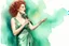 Placeholder: full figure, red curly hair upswept gorgeous singer on a stage in front of a microphone, sleeveless rose gold shiny silk long dress, the dress goes down to bluish green, photorealistic watercolour