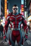 Placeholder: A muscular, athletically built man with extra-short, crew cut, black hair, blue eyes, short, trimmed goatee, standing stoically on the street in the neon lit, futuristic City of Xanadu prime, wearing a long-sleeved, highly textured, red-white-and blue body suit with gray piping that forms to his muscular frame, with a detached cowl, a silver lightning belt, silver wrist gauntlets, silver, knee-high boots, the symbol of Xanadu on his chest, and a thin black leather bandit eye mask
