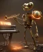 Placeholder: happy mechanoid person playing jazz with a steampunk theme, realistic