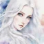 Placeholder: a close-up headshot of a young woman with long white hair, silver eyes with long lashes, pale skin, a slim delicate build, prone to illness, shy, anime style, intricately detailed, splotchy watercolor background