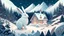 Placeholder: A beautiful white rabbit in a snowy forest and beautiful houses with mountains and falling snow looks and feels magical cartoon style