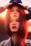 Placeholder: Mystery girl, red hat, head bowed. She has beautiful eyes. Her hair flies in the air., closed eyes, rtx, reflection, 8k, glow, winning photography, caustics