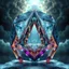 Placeholder: Dynamic hypnotic fractal 3D Pyramids pentagonal Symmetry and morphing between organic and geometric forms , smooth translucent iridescent glass with inner glow and bubbles, varied transparent materials, stormy skies, intense dramatic