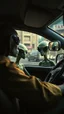 Placeholder: aliens sitting in an taxi car and the driver looking at them in the mirror