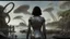 Placeholder: Detailed matte painting of a wide-angle shot of a woman, standing on the right side of an alien beach, with dark hair in a silver robotic catsuit, many large floating creatures with shells and long tentacles, alien jungle trees in the distance