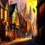 Placeholder: A realistic oil painting of medieval London, with intricate details of the architecture and streets, painted in the style of Jan van Eyck and Paul Cézanne, (long shot), warm golden lighting, vibrant colors, historical accuracy.