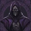 Placeholder: warlock, black mask with ash purple patterns, black robe with ash purple patterns, dark, ominous, ash purple, grey background