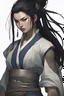 Placeholder: asain female warrior mage with long black hair that was pulled back behind her head in a loose ponytail. The dark hair contrasted and complimented her soft facial features. Below her left eye there is a tattoo of fine lined design that looks like a solid line. She had a fashionable yet practical jacket of a midnight blue overtop a silver steel chest plate and underneath it all a modern cut of mage robes the color of cream with ornate blue edging. She is fighting a magical jackal