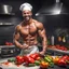 Placeholder: Hyper realistic very handsome shirtless muscular short black hair male chef smiling & cutting capsicums in a dark kitchen