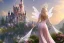 Placeholder: castle in background, beautiful, soft, big smiling, straight and long blonde hair, dewy and shiny atmosphere, diamond crown, long fairy wings in the back, full head, pink veil clothes