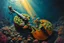 Placeholder: Dramatic Romantic-style oil painting – a broken cello, split cleanly down the middle, lies on the seabed near a wild coral reef. Vibrant fish in coral pinks, oranges, and cobalt blues swim gracefully through the central cavity. The cello is covered in emerald moss and tangled seaweed, blending into the ocean floor. Golden rays of sunlight slash through the dark water, illuminating fragments of the cello with a sacred glow. Thick impasto brushstrokes, moody chiaroscuro lighting, palette of ultram