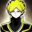 Placeholder: of soulland from my hero academia, gold hair and golden eyes, black suit, intricate details, full body portrait,