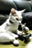 Placeholder: Picture of a white cat playing with solid snake from metal gear solid.