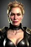 Placeholder: Cersei Lannister as evil queen in black leather coat, busty, cleavage, voluptuous, lena headay, angry, stern look. character design by cory loftis, fenghua zhong, ryohei hase, ismail inceoglu and ruan jia. unreal engine 5, artistic lighting, highly detailed, photorealistic, fantasy