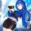 Placeholder: Clear focus,High resolution, Vibrant short blue hair, Vibrant blue eyes, Wearing a black short skirt,black crop top sleevelss,blue cut sleeves,black fingerless gloves, Smiling,Long bangs, Smiling, Holding the camera