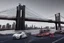 Placeholder: A Tesla's 'Model 3' is parked, on the 'Brooklyn Bridge' in New York. CINEMATIC. WIDE ANGLE LENS. PHOTO REAL.