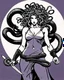 Placeholder: detailed persona, female, sword in hand, gorgon medusa, half turn, full height, leans on one leg, snakes on the head instead of hair