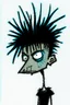 Placeholder: 2d drawing of a stickman, cool with punk hair, x eyes like in hangman, looking over shoulder towards camera, 3d realistic in colour