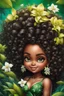 Placeholder: vibrant noir art oil painting with airbrush, 8k, cartoon art image of a chibi Caribbean curvy female looking to the side smiling with a large mane of curly ombre afro, prominent makeup with hazel eyes, highly detailed hair, background of green and white jasmine flowers surrounding her